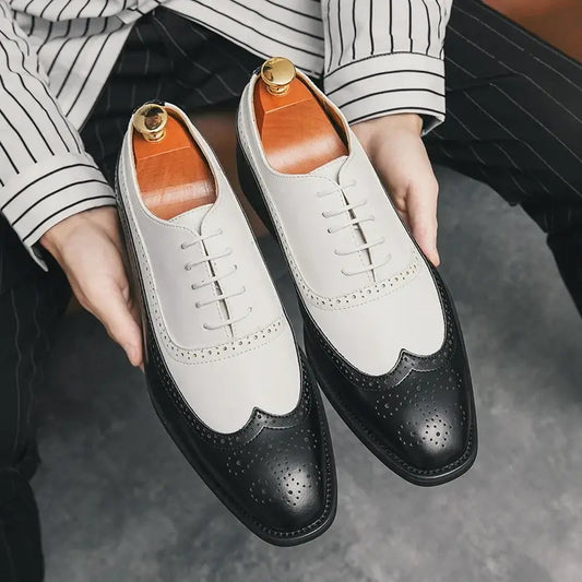 Herren Brogue-Schuhe mit Flügelkappe, Business-Oxford-Schuhe zweifarbig für Hochzeitsfeiern