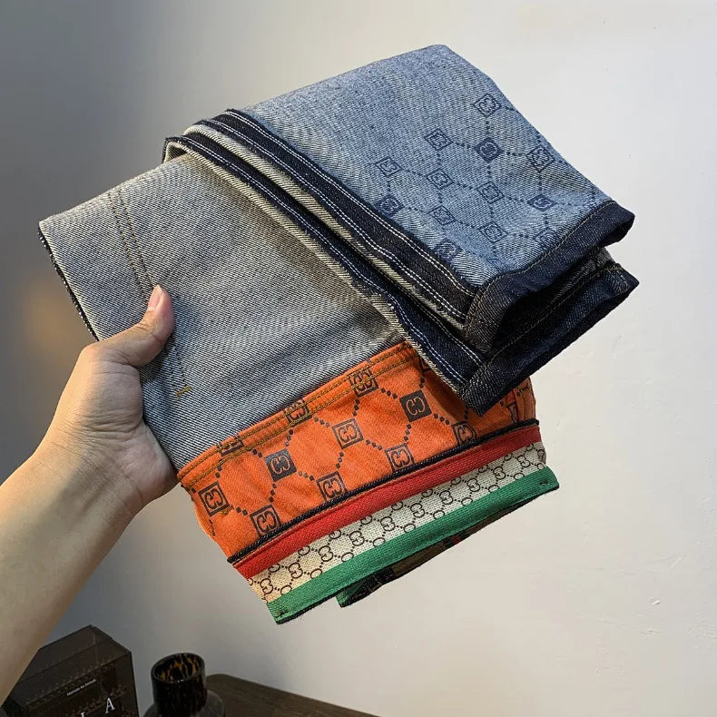 High end light luxury men jeans autumn new item dark blue fashion printed casual straight slim fit cotton washed denim pants