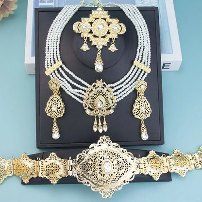 Sunspicems Gold Color Morocco Caftan Belt Waist Chain Women Beads Chain Choker Necklace Long Earring Arab Bridal Wedding Jewelry