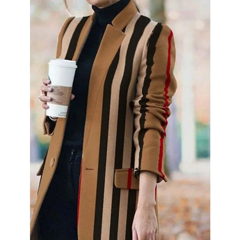 Modigirl Winter Women Coat and Jacket Long Sleeves Stand Collar Midi Striped Woolen Coats Winter Clothes Women 2024