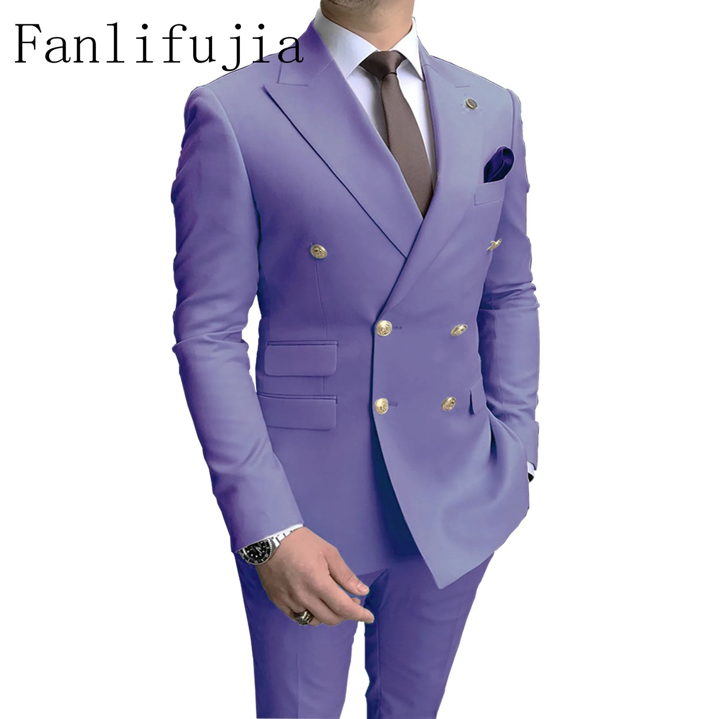 Fanlifujia Store  Casual Sky Blue Men Suits Double Brested Peak Lapel  Gold Button Groom Wedding Tuxedos Best Costume Homme