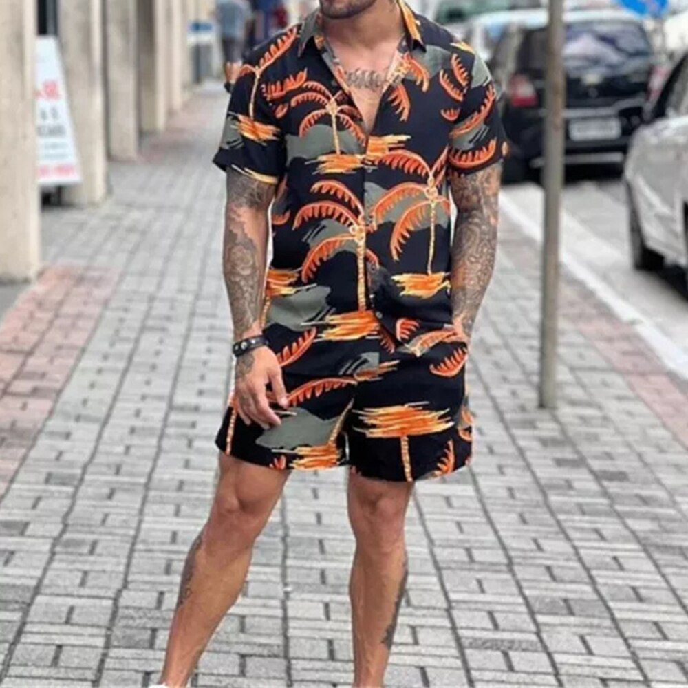 Printed Baggy Shirt Shorts Suits Men 2023 Summer Y2k Short Sleeve Lapel Shirts Top Casual Short Pants Vacation Two Piece Sets