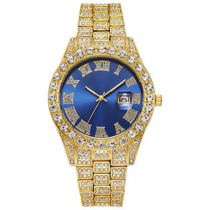 Luxury Classic Golden Men's Steel Strap Roman Scale Rhinestone Calendar Quartz Watch Fashion Male Wristwatch Relogio Masculino