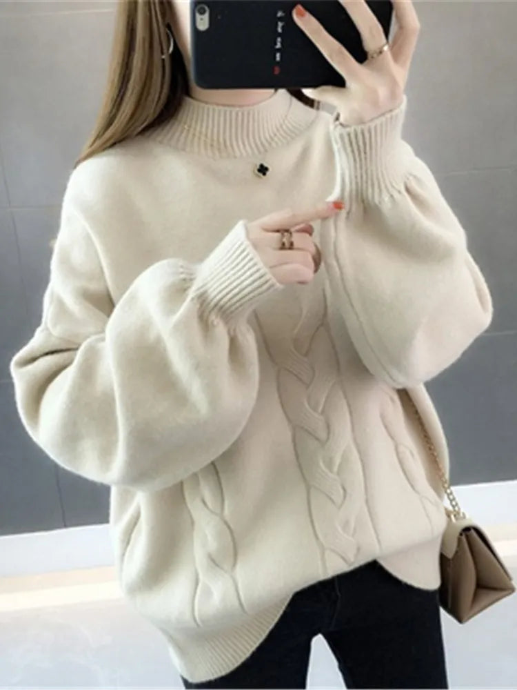 Korean Winter Women Sweater Half Turtleneck Lantern Sleeve Knit Pullover Loose 5XL Fashion Jumper Tops 2022 Pull Z2697