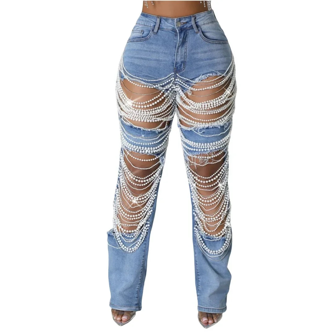 CM.YAYA Women Fashion Pearl Beading Ripped Hollow Out Tassel Wide Leg Jeans  New Summer INS Street Denim Pants Trousers
