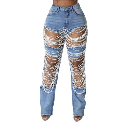 CM.YAYA Women Fashion Pearl Beading Ripped Hollow Out Tassel Wide Leg Jeans  New Summer INS Street Denim Pants Trousers