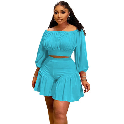 CM.YAYA Plus Size Women's Set Long Sleeve Slash Neck T-Shirt and Shorts  Summer Ruched Two 2 Piece Set Outfits Tracksuit
