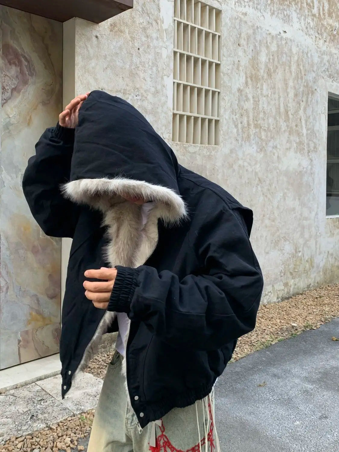 American Retro Woolen Collar Hooded Cotton Jacket Winter Thick Plush Top Men Street Hip-Hop Gothic Harajuku Oversize Jacket Coat