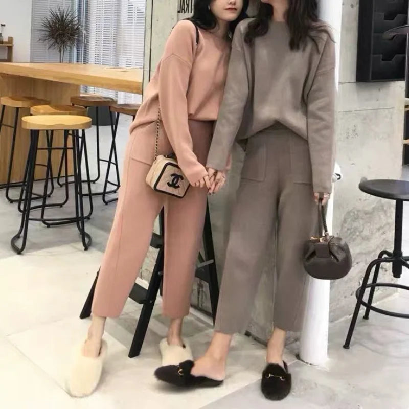 Women Autumn Winter Korean New O-Neck Knitted Set Fashion Lazy Casual Sweater High-rise Elastic Wide Leg Pants Long Pants Set