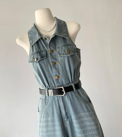 Women Summer Elegant Polo Neck Jumpsuits Straight Denim Sleeveless Single Breasted High Waist Wide Legs Pants  New Fashion