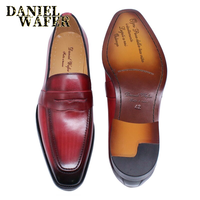 Luxury Men Penny Loafers Genuine Leather Slip On Red Black Casual Business Dress Shoes Mens Wedding Party Office Fashion Shoes