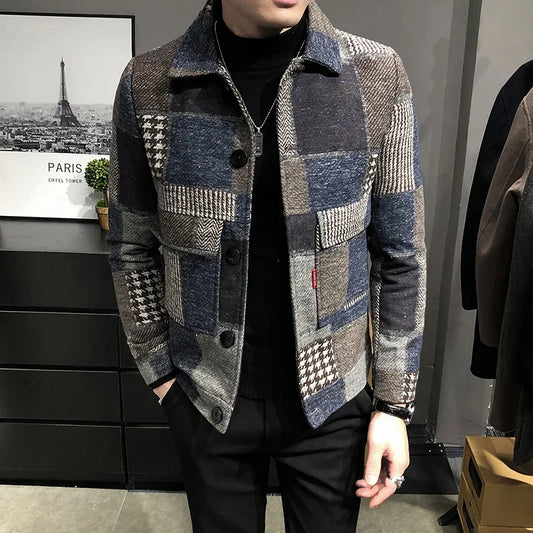 2023 Autumn and Winter Fashion New Men's Casual Lapel Hoodless Jacket / Male Slim Plaid Woolen Coat