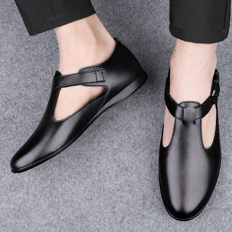 Summer Men Genuine Leather Breathable Sandals New Design Fashion Casual Black Brown Slip on Sandals Leather Sandals  Men's Flats