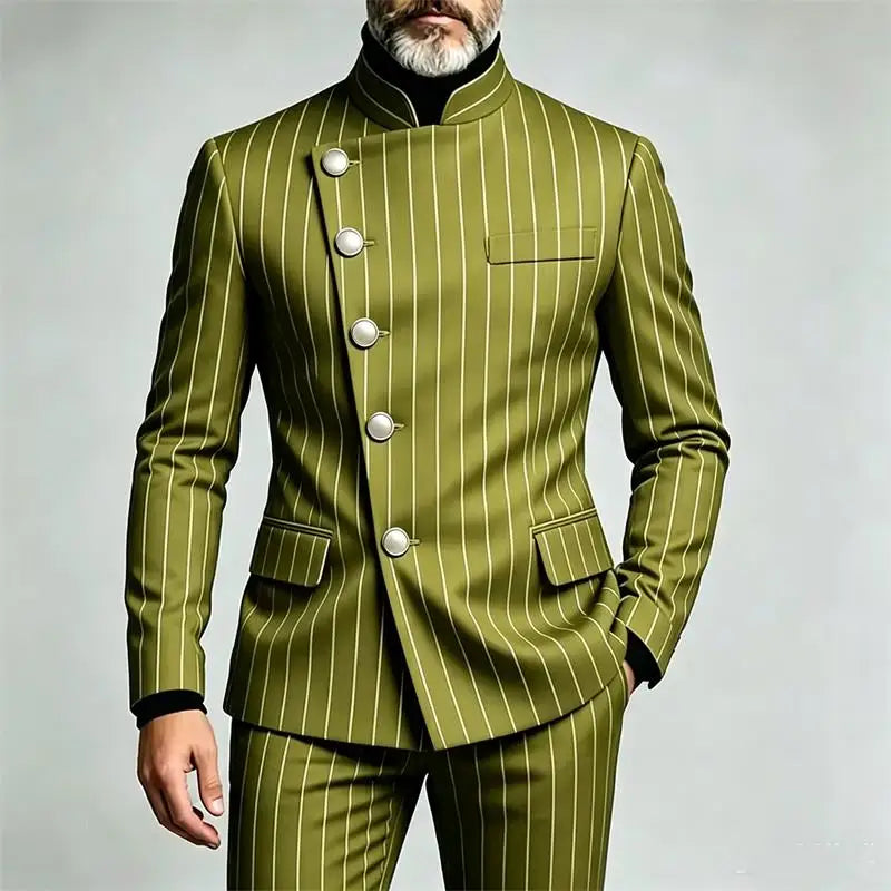 Herren Nadelstreifen Business Anzüge Einreihiger Stehkragen Slim Fit Anzug Jacke Hose 2-teiliger festlicher Smoking für Hochzeitsfeier