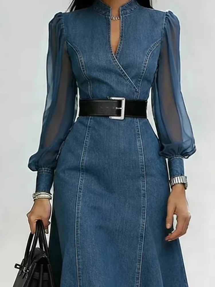 Streetwear Denim A-Line Dress Summer Women Tulle Puff Long Sleeve See Through V Neck Maxi Dresses Vintage Jean Dress With Belt
