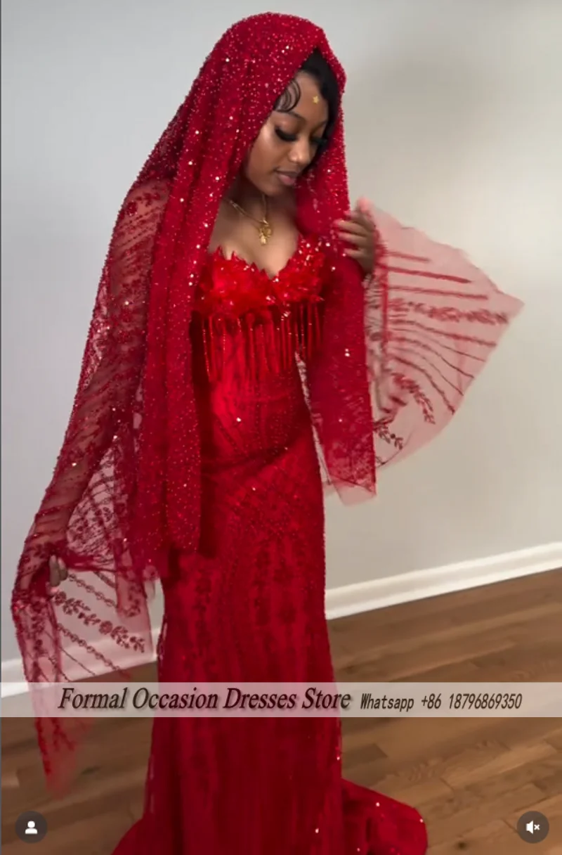 Luxury Red Prom Dresses With Veil 2026 Sequin Beading Black Girls Evening Dress 2025 Sleeveless Birthday Party Gowns Customized