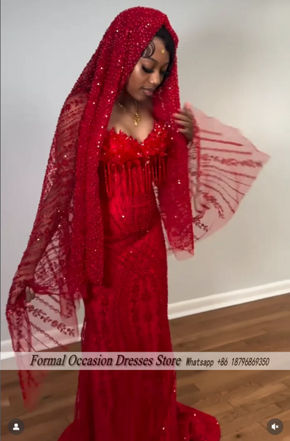 Luxury Red Prom Dresses With Veil 2026 Sequin Beading Black Girls Evening Dress 2025 Sleeveless Birthday Party Gowns Customized