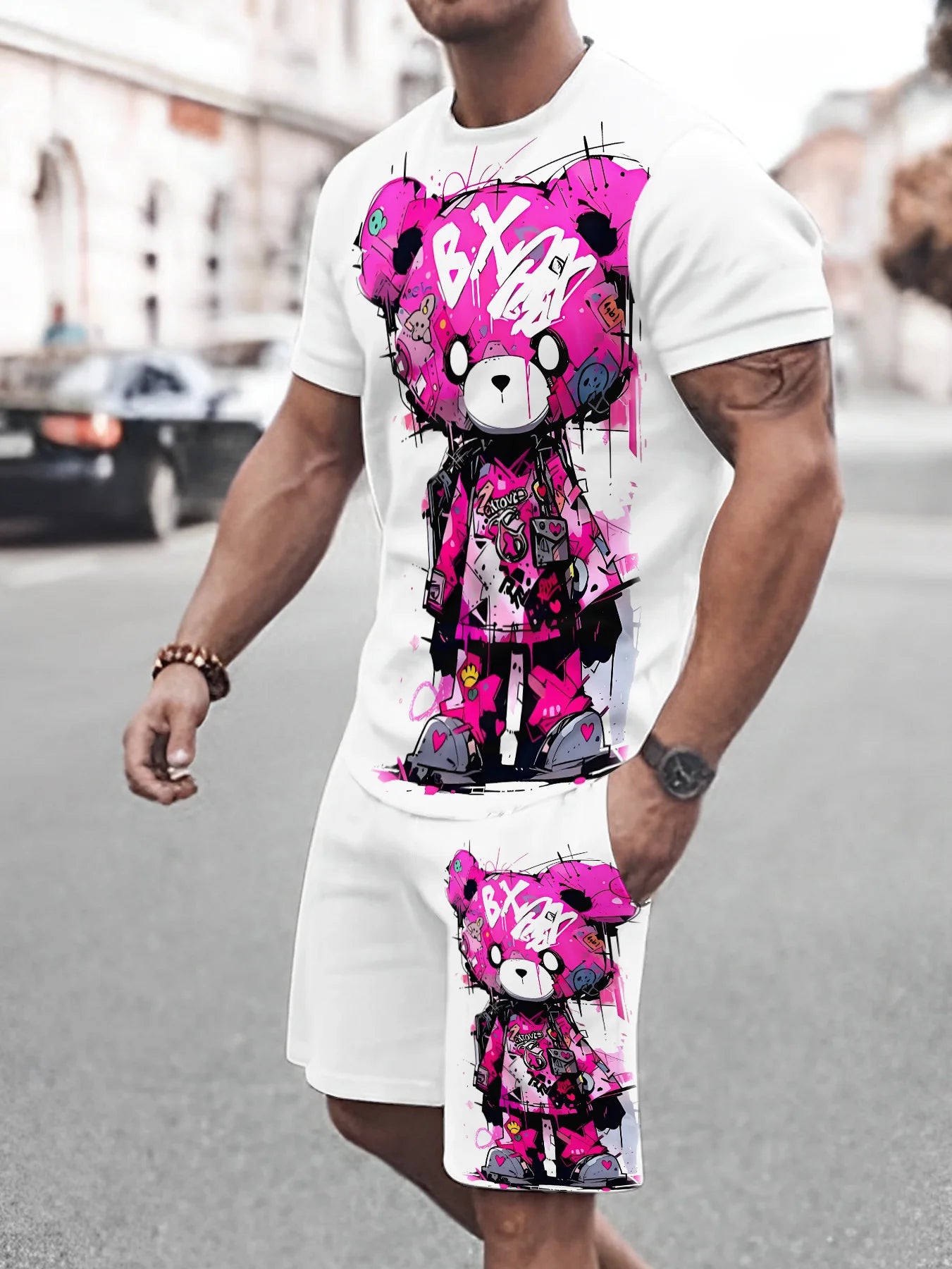 Summer Men's Fashion Casual Sports Set Loose-Fit Trendy Doll Graffiti Print Crew Neck Short Sleeve Two-Piece Set with Shorts