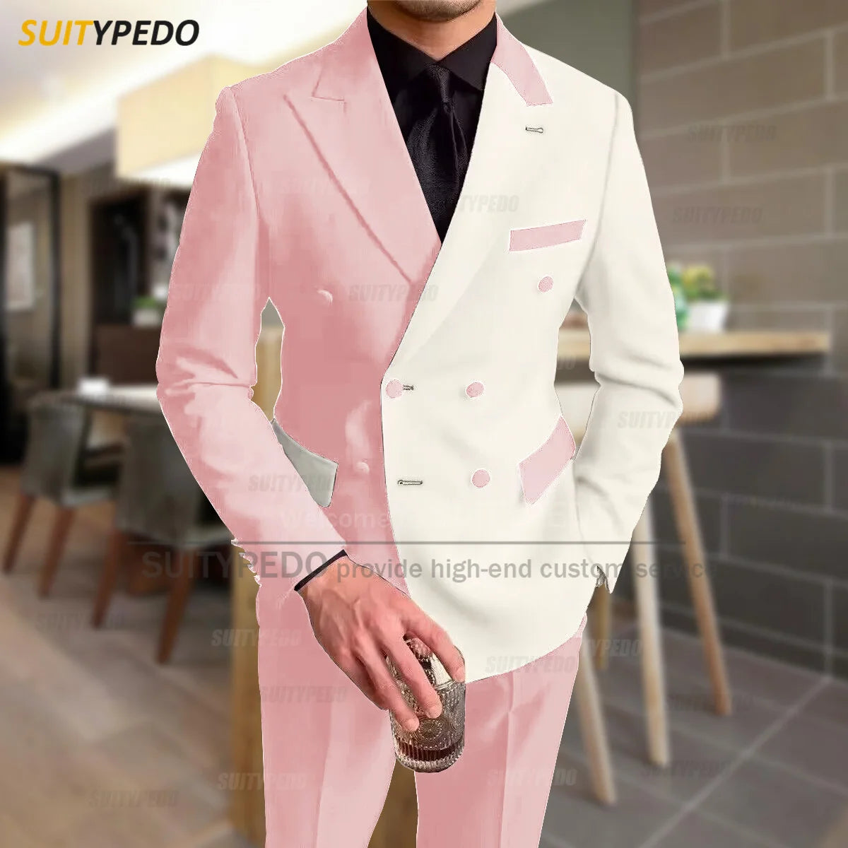 Fashion Black Ivory Splicing Men Suit Casual Party Classic Double Breasted Jacket Evening Dinner Elegant Blazer Pants Outfits