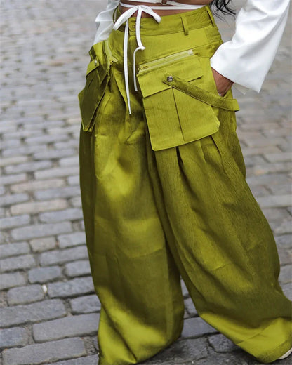 Solid Color Multi-pocket Loose Pants Women High Street Wide Leg Pants Straight High-waisted Oversized Y2K Trousers Pantalones