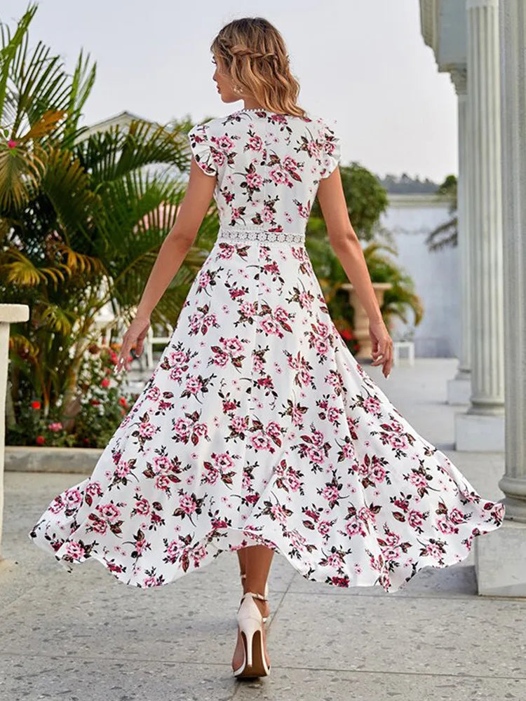 Fashion Casual Women Little Floral Print Dress Lace Collar Irregular Waist Wooden Ear Edge Dress Female Elegant Dress On sale