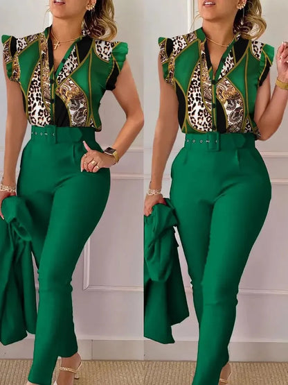 Spring Summer Women's New Printed Lotus Leaf Sleeveless Shirt Suit Elegant Slim Femal Office  Long Pants Belt Two Piece Set