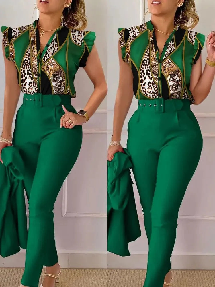 Spring Summer Women's New Printed Lotus Leaf Sleeveless Shirt Suit Elegant Slim Femal Office  Long Pants Belt Two Piece Set