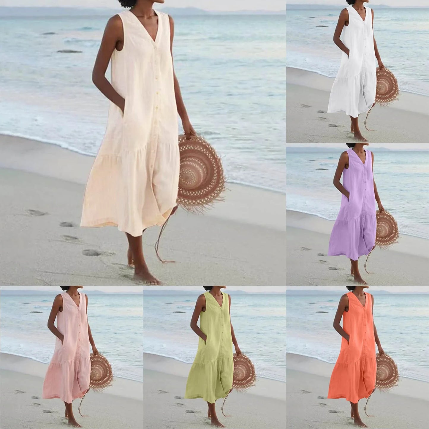 Women Elegant Solid Maxi Dress 2024 Summer Sleeveless V-Neck Vintage Harajuku Cotton Linen Loose Sundress With Pockets