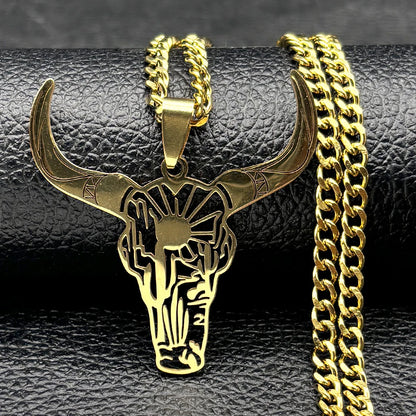 Fashion Bull Head Pendant Animal Cowboy Necklace Women Men Stainless Steel Silver Color Mexican Cow Necklaces Jewelry N3214S03