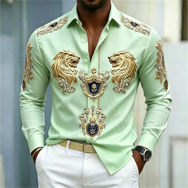 Men's shirt Baroque style shirt Lion head slim fit design long sleeved shirt Business casual street style men's clothing XS-6XL