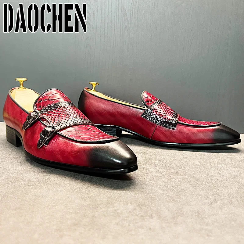 Luxury Men Leather Shoes Black Red Snake Prints Casual Mens Dress Shoes Wedding Office Double Monk Strap Shoes For Men