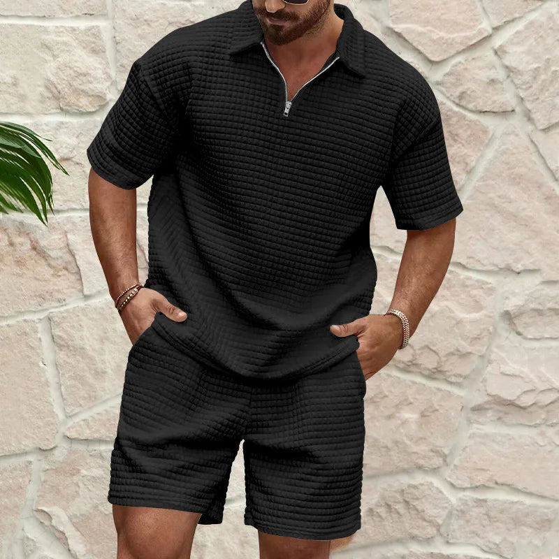 European and American Men's Spring and Summer Trends Youth Outdoor Lapel Small Plaid Short Sleeve Shorts Sports Suit