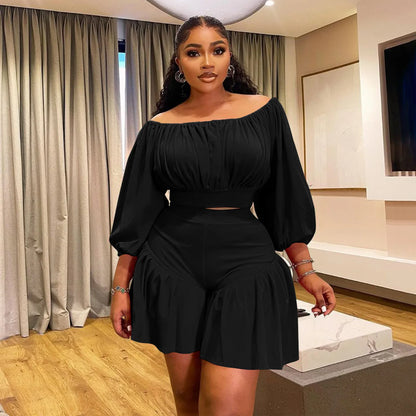CM.YAYA Plus Size Women's Set Long Sleeve Slash Neck T-Shirt and Shorts  Summer Ruched Two 2 Piece Set Outfits Tracksuit