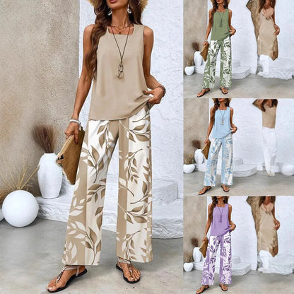 Summer New Women's Flower Stripe Print Two-Piece Set Square Collar Sleeveless Vest Solid Tops & Long Pants Sets Female