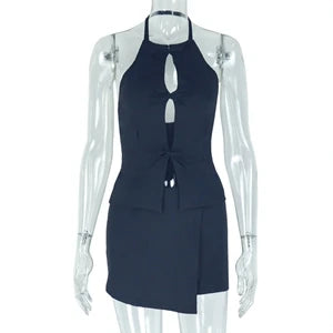 Stylish Lady White Hollow Out 2 Piece Set Women Halter Backless Tops and Irregular Mini Skirts Suits  Summer Elegant Outfits