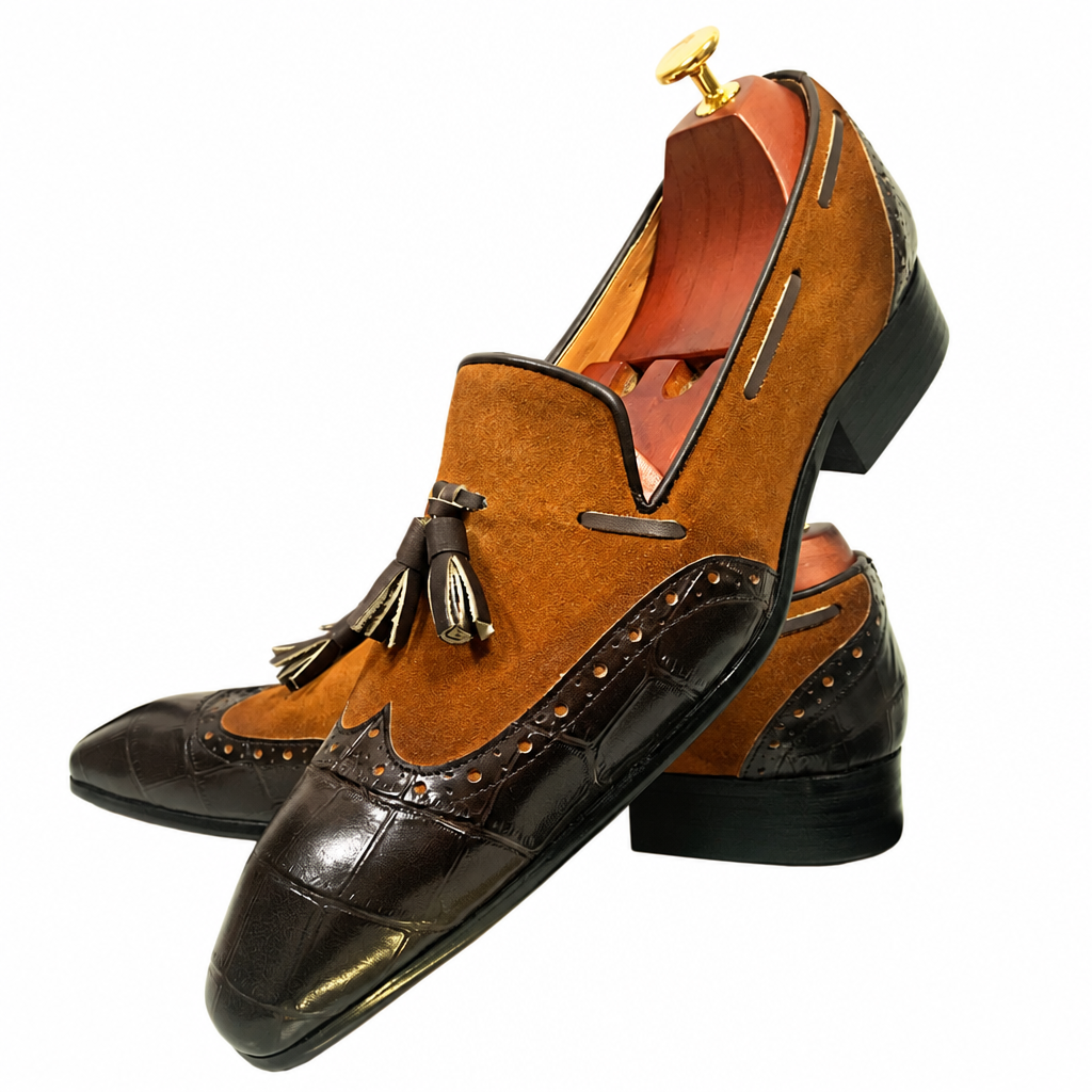 Men's Italian black brown wingtip leather dress loafers