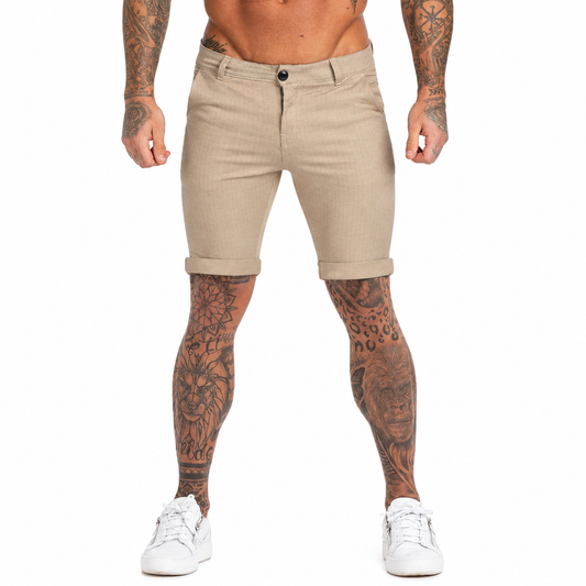 Men's elastic waist plaid skinny fit casual stretch chino shorts beige