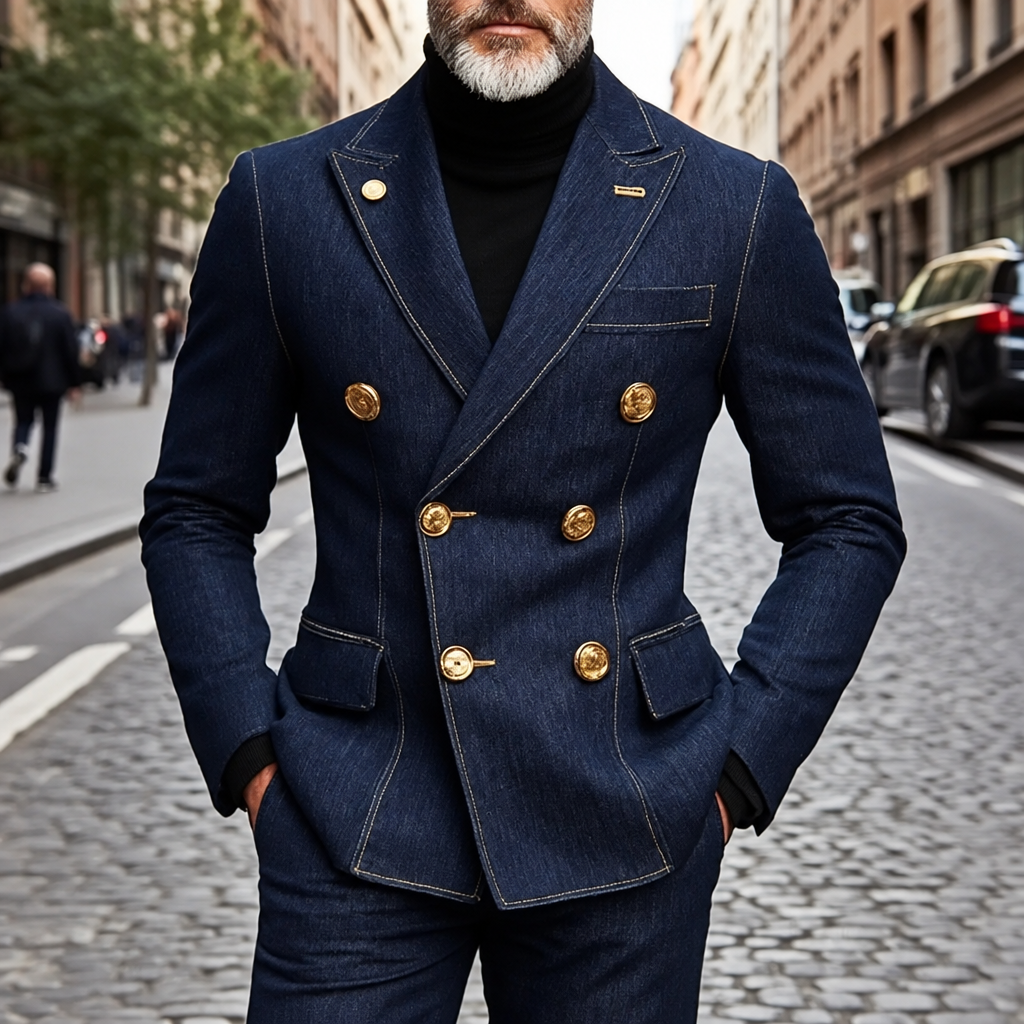 Men's double-breasted peak lapel denim two-piece suit navy