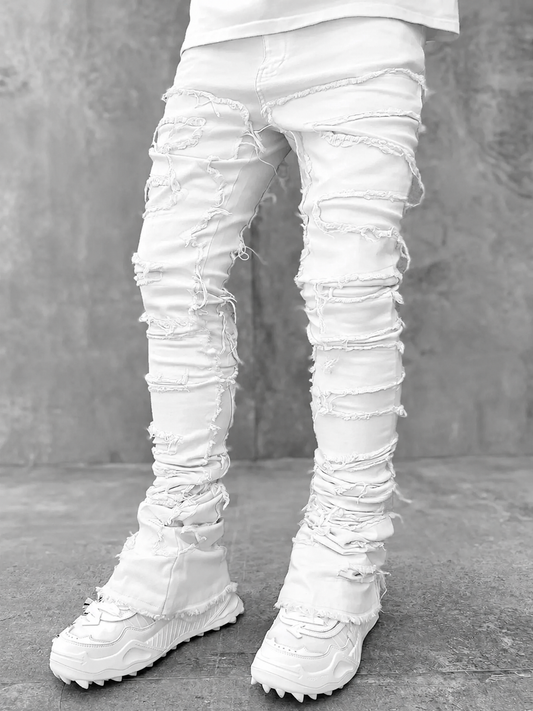 Men's elastic waist straight stacked ripped jeans white