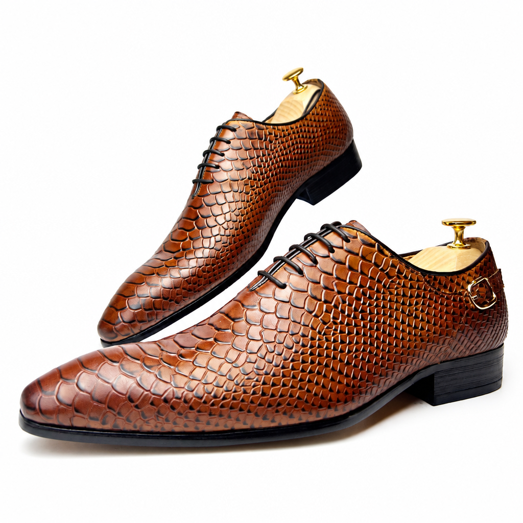 Men's black brown snake print pointed toe lace-up oxford dress shoes