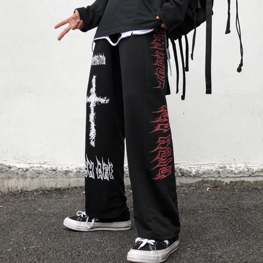 Men's gothic graffiti wide-leg sweatpants