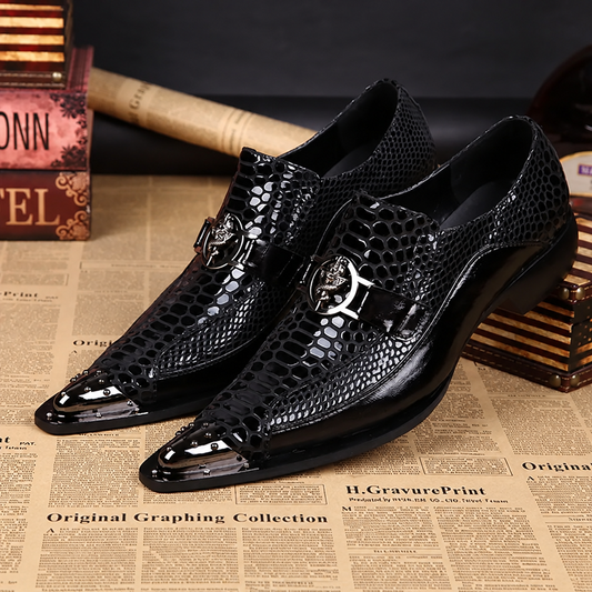 Men's Italian snake grain pointed leather dress shoes black