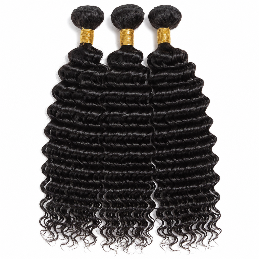 Brazilian deep wave virgin hair bundles flat lay white background