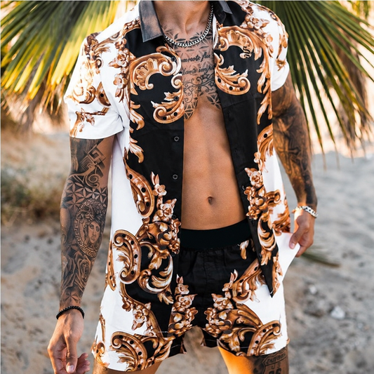 Men's Hawaiian print shirt and shorts beach two-piece set
