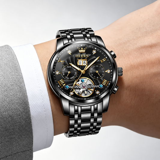 Men's automatic tourbillon multifunction mechanical watch on wrist