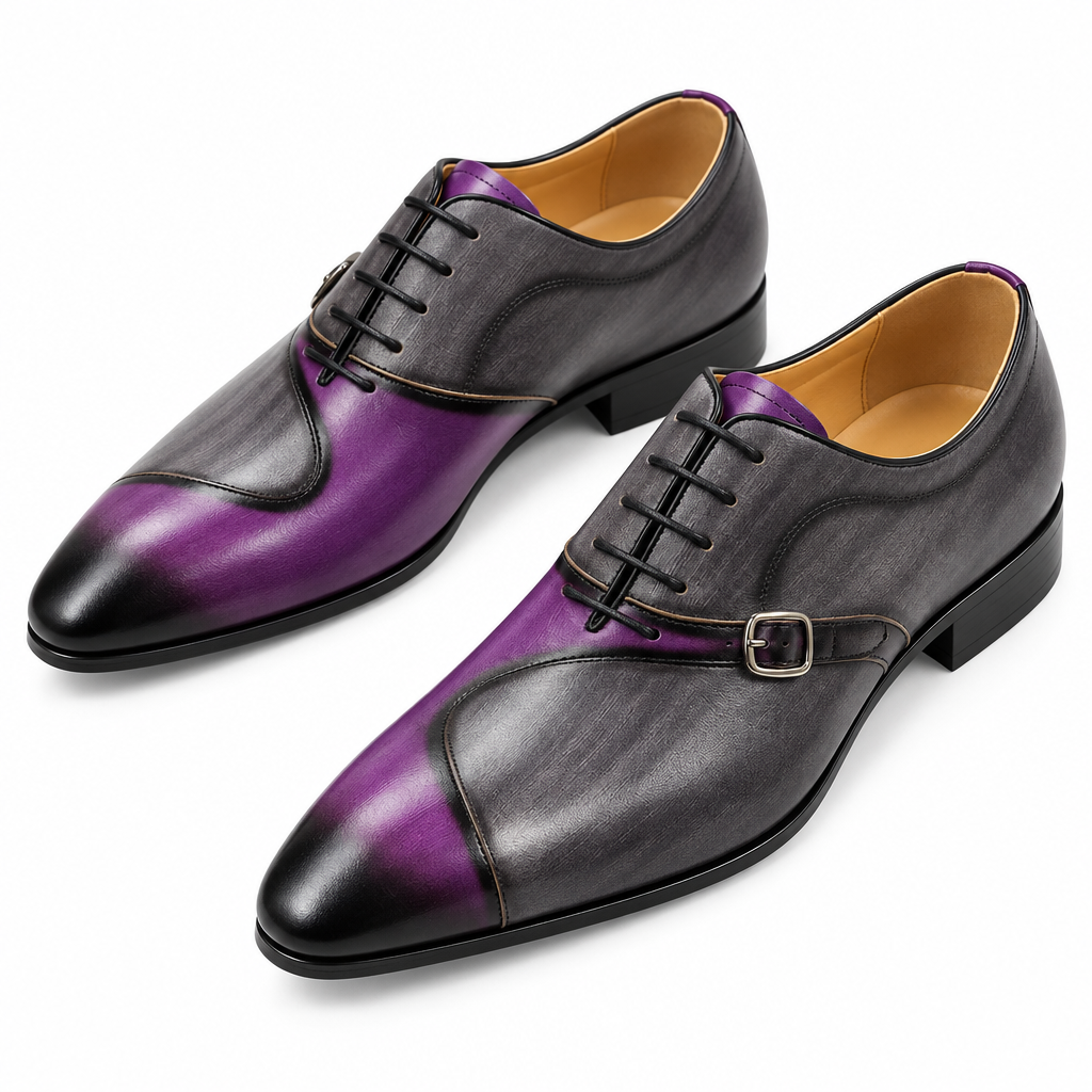 Men's oxford side buckle color-block dress shoes pair