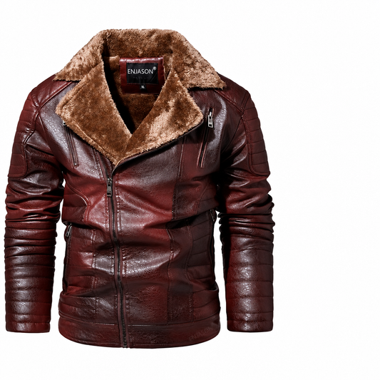 Men's distressed faux leather motor jacket fleece lined burgundy