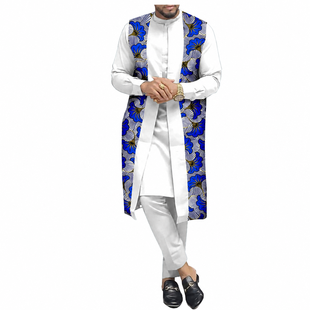 Men's 3-piece Ankara dashiki suit white with blue floral vest