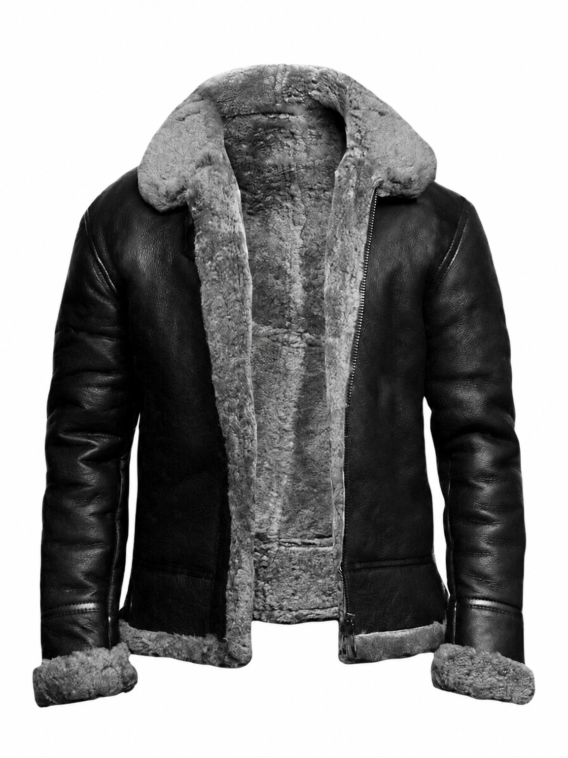 Men's faux fur shearling PU leather winter jacket black