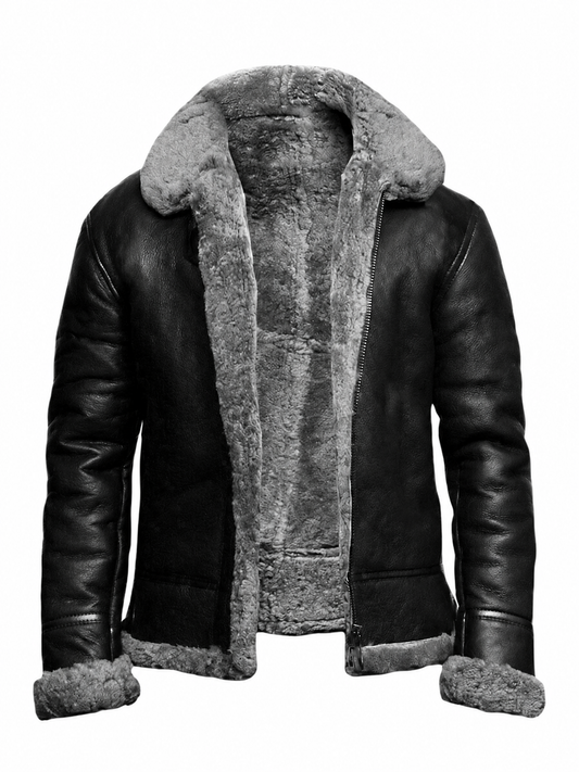 Men's faux fur shearling PU leather winter jacket black